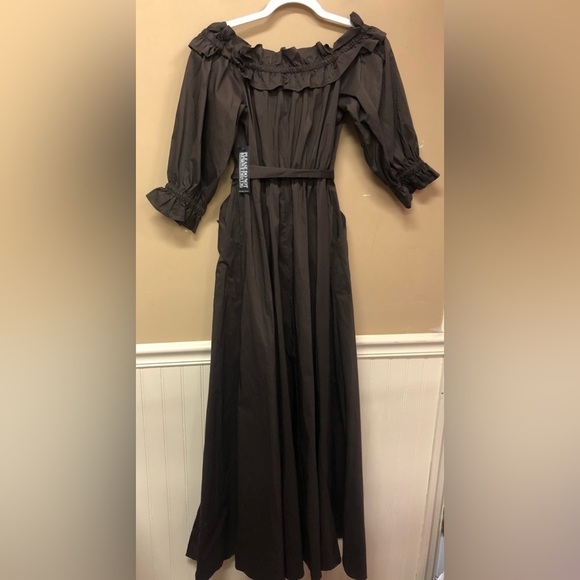 New York & Co Long Brown Dress Off Shoulder Front Slits Deep Pockets Size S NWT - Picture 2 of 6